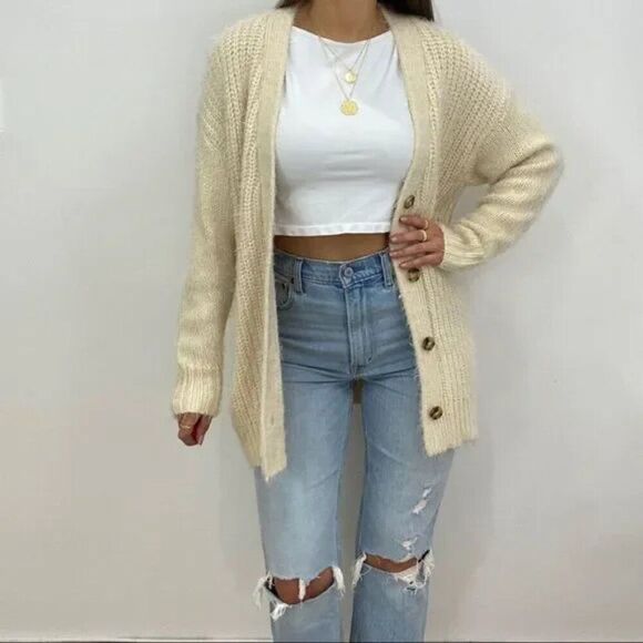 NWT Anthropologie Cream Knit Button Up Sweater Cardigan - Picture 4 of 6